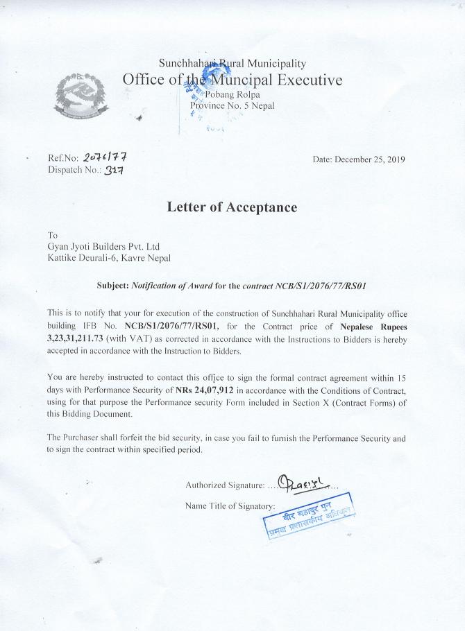 Letter of Acceptance for Construction of Office Building IFB No.NCB/S1/2076/77/RS01 सुनछहरी